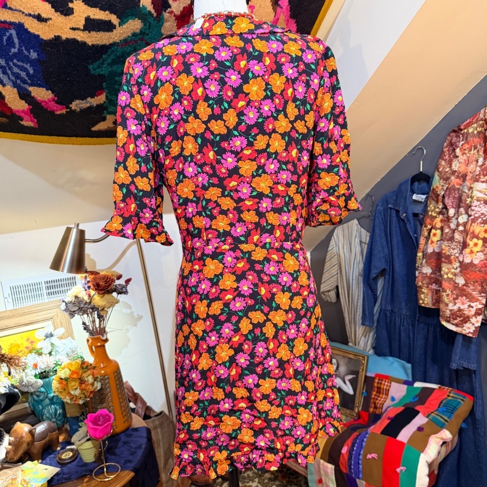 Zara Floral Wrap Mini Dress Black Pink Orange Short Sleeve V-Neck Size S - Picture 4 of 6